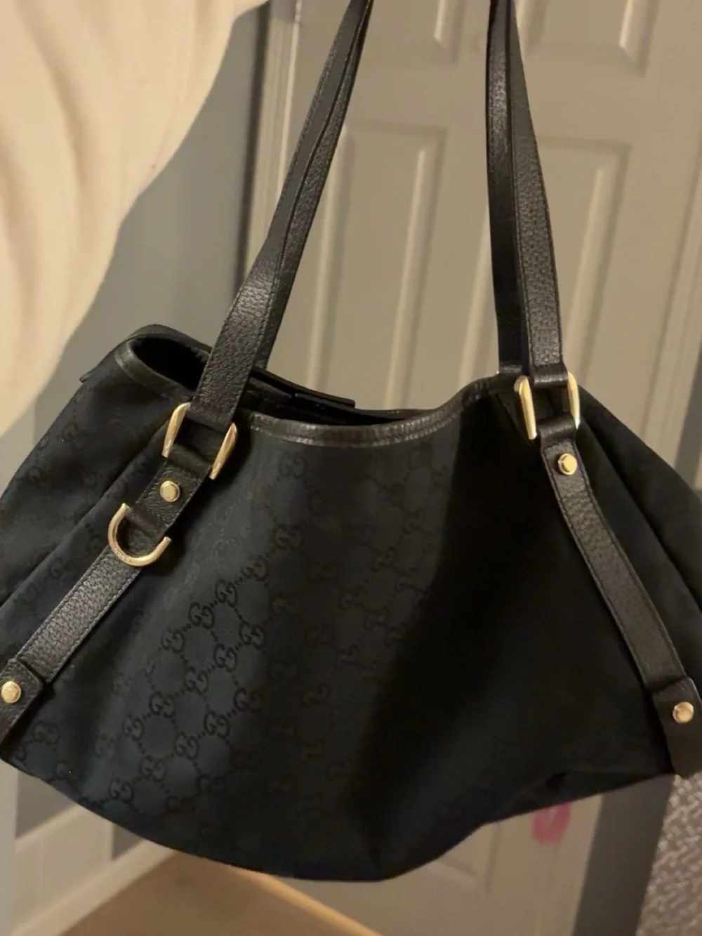 Gucci Black Monogram Shoulder Bag with Gold-Tone Hardware